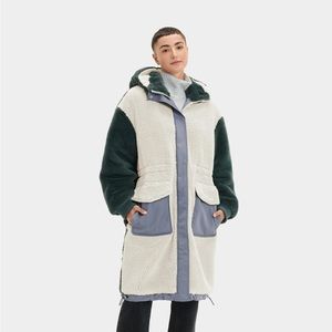 NWOT-UGG Letty Sherpa Faux Fur Color Block Long Sleeve Hooded Coat